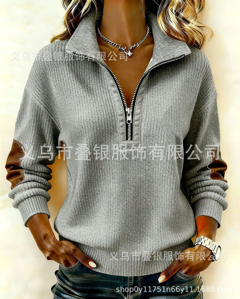 Long-sleeved semi-cardigan zipper sweater casual retro color matching long-sleeved stand-up collar top FF303410