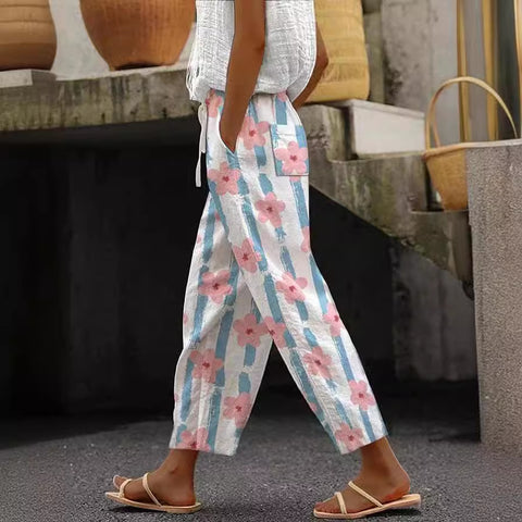 Damenhose mit Taschen und lässigem Druck, elastische Taille, gerade geschnittene Hose m301372 