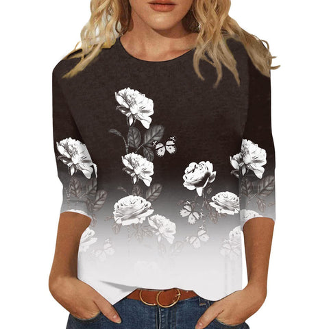 Pull ras du cou à manches sept-quarts et imprimé 3D de fleurs et de plantes m300615 