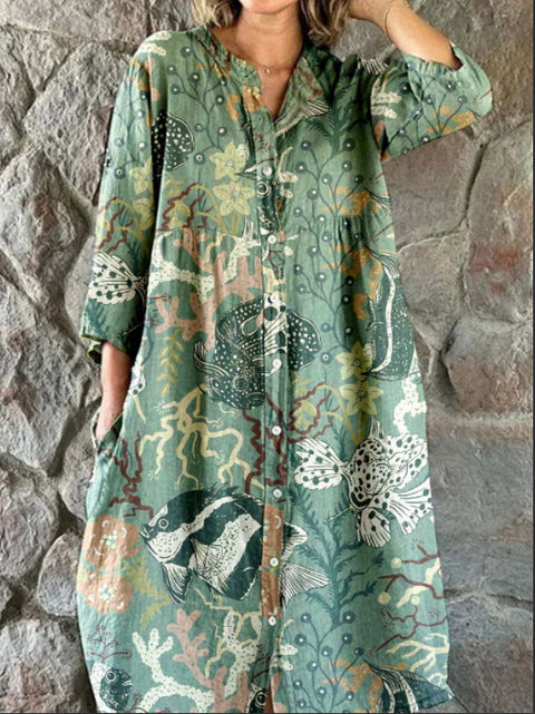 Robe chemise ample à col ras du cou et manches longues pour femme, imprimée, de qualité supérieure, m301050