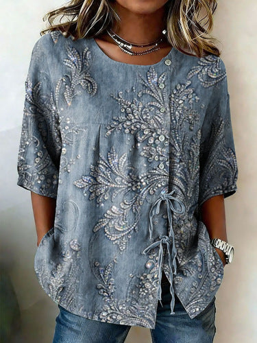 Color matching loose blouse five-button drawstring shirt m302758