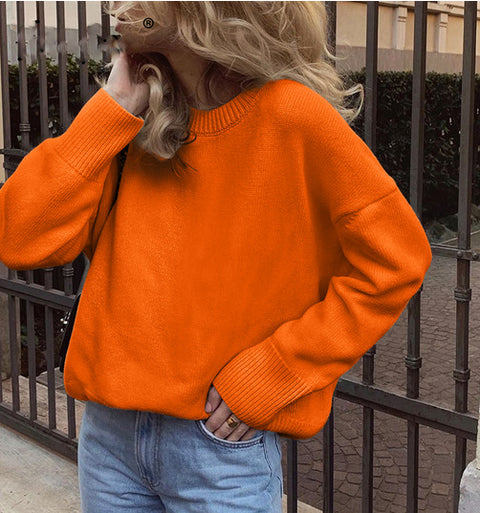 Women's knitted sweater crew neck solid color loose sweater m300667