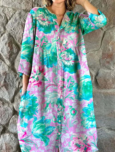 Robe chemise ample à col ras du cou et manches longues pour femme, imprimée, de qualité supérieure, m301050