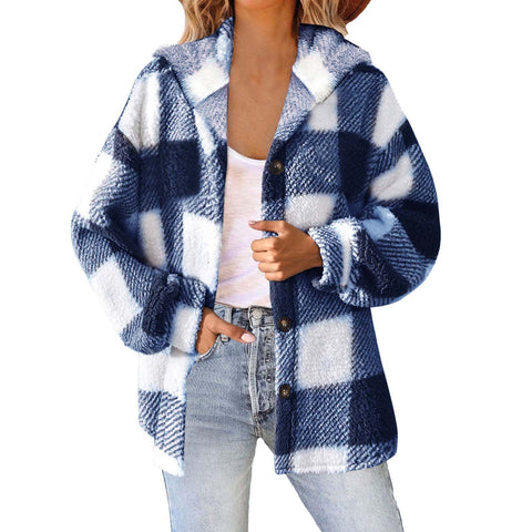 Bedruckte karierte Kapuzenjacke mit Knöpfen, Plüsch-Thermojacke für Damen, m300438 