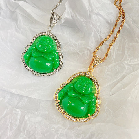 Pendentif Bouddha Maitreya en calcédoine malaise serti de diamants de style chinois, pendentif Bouddha Maitreya à gros ventre m3331257