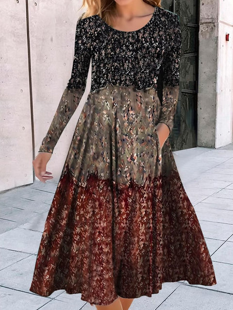 Robe ample à col ras du cou et manches longues, imprimé géométrique, style pendule, m300700 