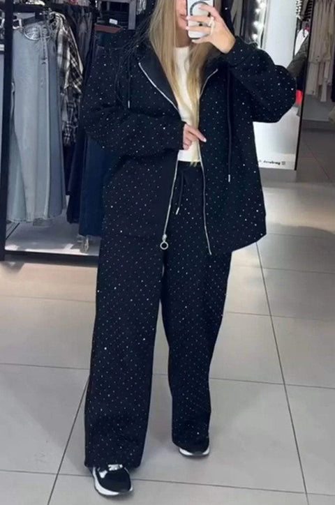 Women's casual round neck long sleeve full body hot diamond drawstring foot tie two-piece set m301499