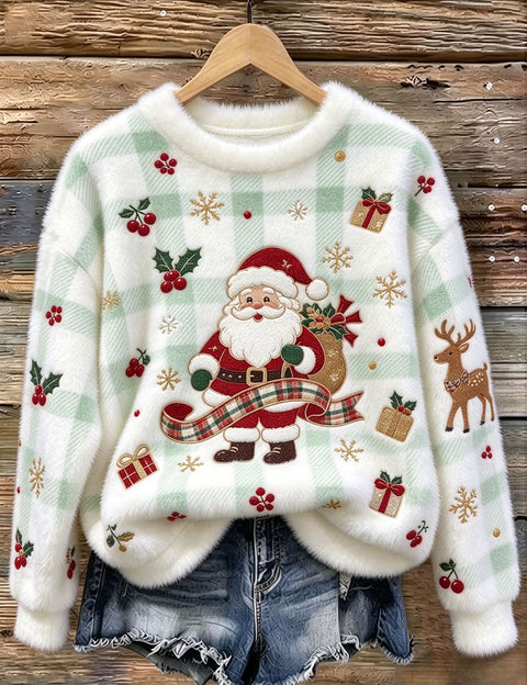 Christmas cartoon old man reindeer print flannel women sweater FF303511