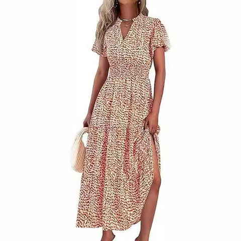 Robe plissée à col en V et manches courtes imprimée m300104 