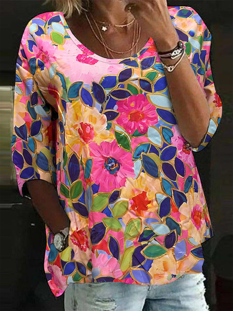 Chemise ample décontractée à col ras du cou et imprimé floral tendance m300407 