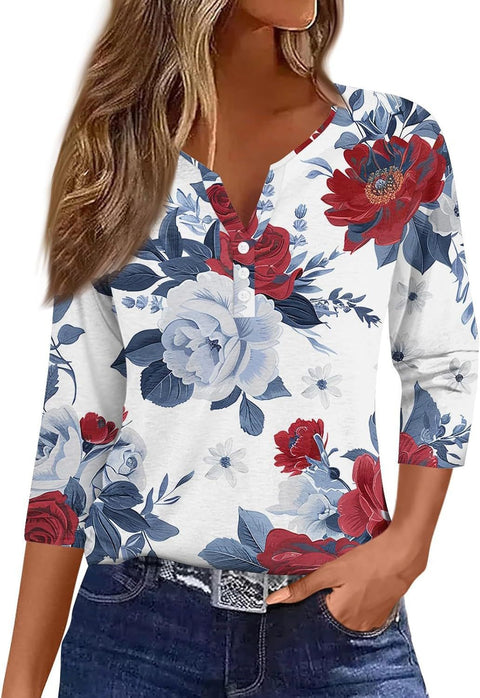 Vêtements pour femmes à motif marbré, col en V, trois boutons, manches sept-quarts, m300581 