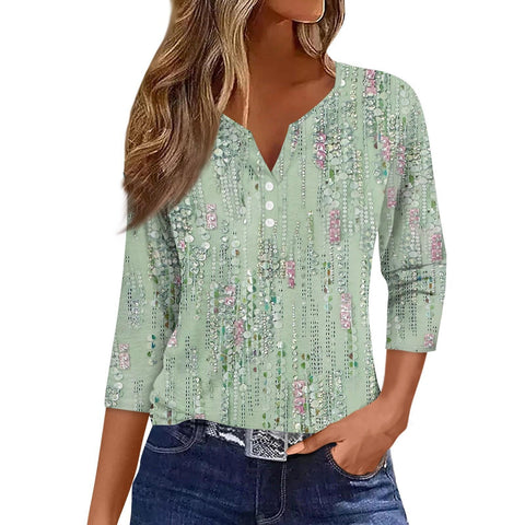 Col en V, manches sept-quarts à trois boutons, imprimé floral, vêtements amples pour femmes à la mode et décontractés m300565 