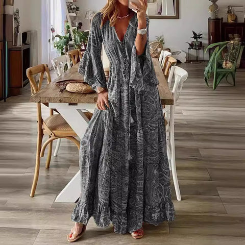 Robe de vacances bohème à manches évasées, imprimée, col en V, taille haute, m300709 