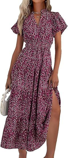 Robe plissée à col en V et manches courtes imprimée m300104 