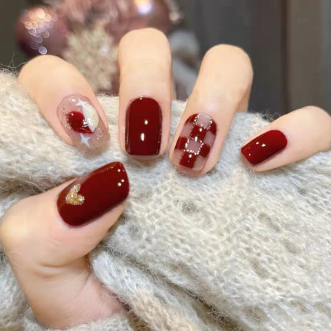 Porter un faux ongles amovible morceau de manucure d'amour en damier blanc rouge chérie m55010557 