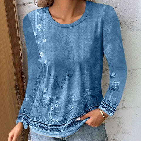 T-shirt décontracté à manches longues et col rond imprimé en 3D motif fleur pour femme m301719