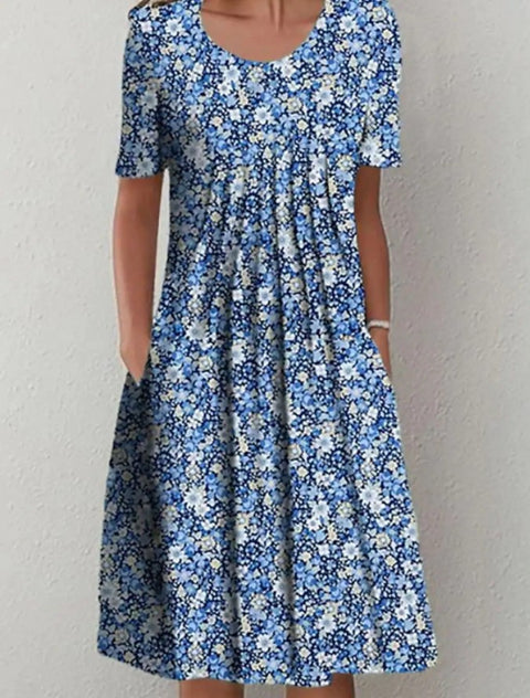 Robe mi-longue à imprimé floral, col rond, poches, printemps/été, pour femme, m300037 