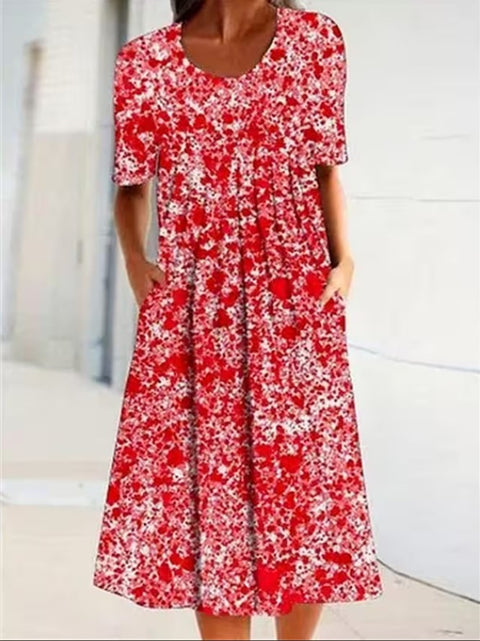 Robe mi-longue à imprimé floral, col rond, poches, printemps/été, pour femme, m300037 