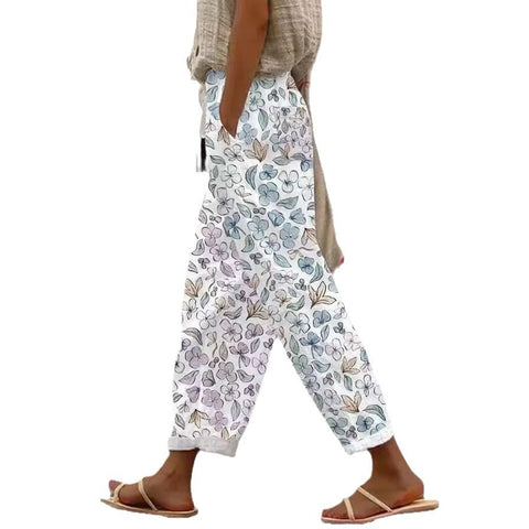 Damenhose mit Taschen und lässigem Druck, elastische Taille, gerade geschnittene Hose m301372 