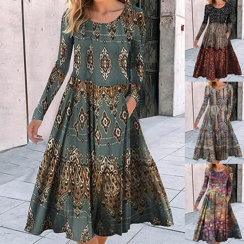 Robe ample à col ras du cou et manches longues, imprimé géométrique, style pendule, m300700 