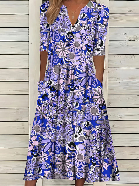 Elegantes Kleid mit V-Ausschnitt und Fünfviertelärmeln und Print m301208 