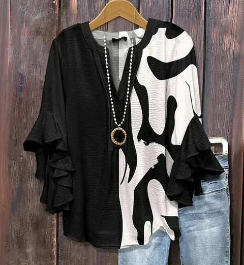 Creative floral element printing digital printing casual trend V-neck lotus edge T-shirt women's top m301778