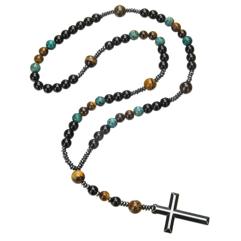 Collier hip hop en pierre naturelle noire, œil de tigre jaune, croix en pierre de fer, m3331291 