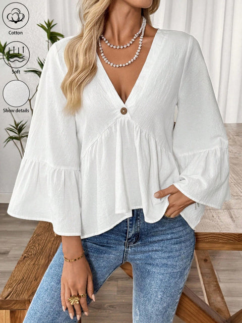 Solid color V-neck lotus leaf sleeve cotton top m302735