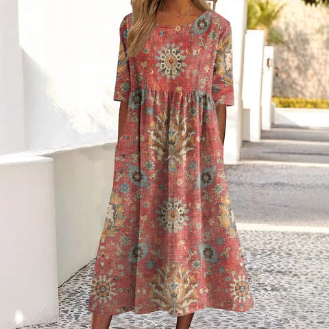 Robe d'été imprimée à col ras du cou et taille mi-haute m301250 