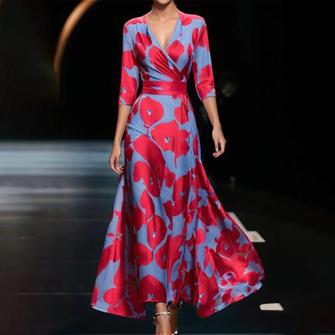 Robe longue à col en V croisé et manches sept pour femme m300923 