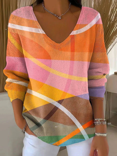 Shoulder V-Neck Long Sleeve Pullover 3D Digital Printing Women's Top T-Shirt m302616