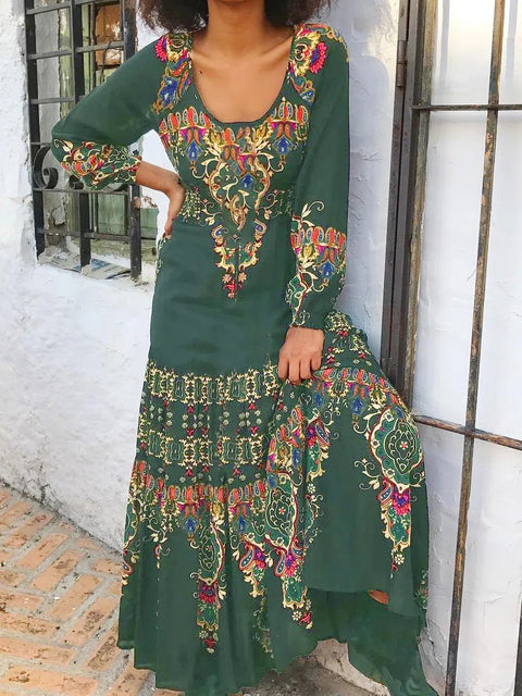 Robe élégante à manches longues, imprimé automne, col en U, style vacances balnéaires, m300927 