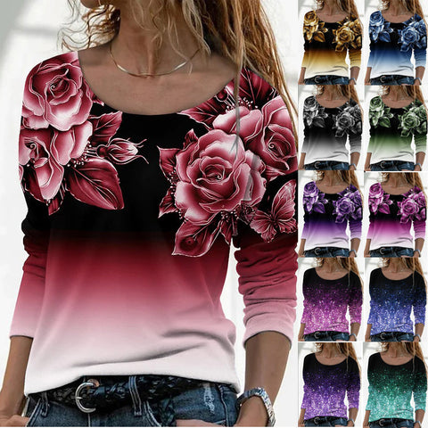 Langärmliges, lockeres, lässiges Pullover-T-Shirt mit Rundhalsausschnitt und 3D-Druck für Damen m300857 