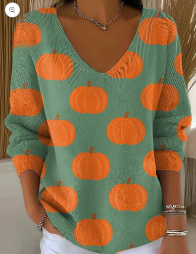 Shoulder V-Neck Long Sleeve Pullover 3D Digital Printing Women's Top T-Shirt m302616