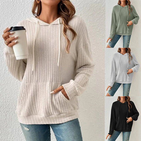 Damen-Strickpullover mit Kapuze, Pit-Streifen und Kängurutasche, m300525 