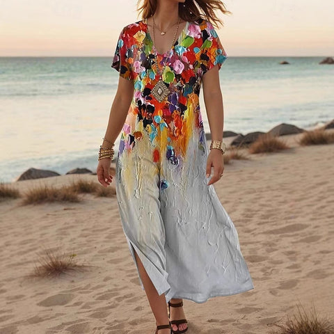 Robe d'été à manches courtes et col en V pour femme, motif floral créatif, nouvelle collection m301230 