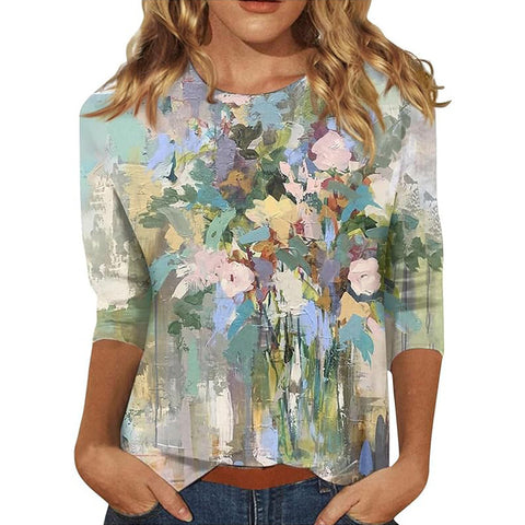Pull ras du cou à manches sept-quarts et imprimé 3D de fleurs et de plantes m300615 
