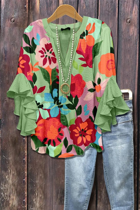 Creative floral element printing digital printing casual trend V-neck lotus edge T-shirt women's top m301778