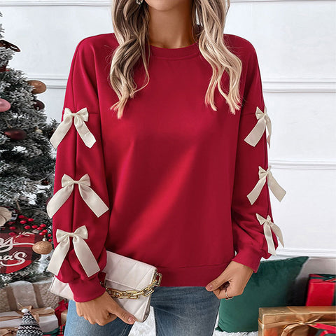 Roter Pullover mit Rundhalsausschnitt und Schleife für Damen, m300806 