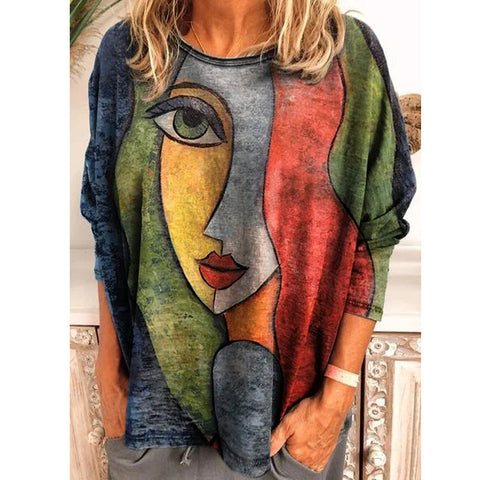 Großes Damen-T-Shirt mit Gesichtsdruck und langen Ärmeln, lockeres Damen-T-Shirt m300665 