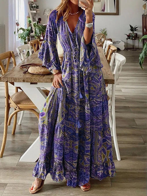 Robe de vacances bohème à manches évasées, imprimée, col en V, taille haute, m300709 