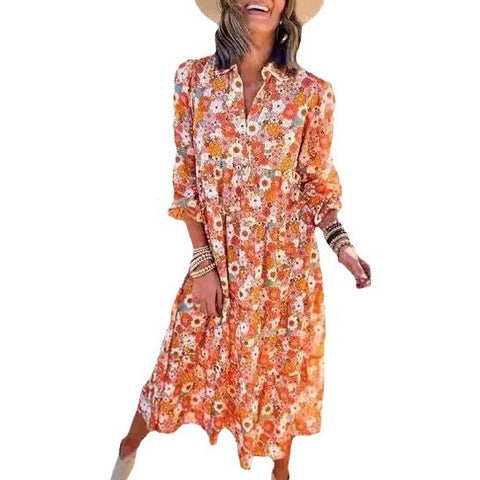 Robe ample à manches longues et col en V pour femme, style bohème, florale, élégante, en forme de A, m300573 