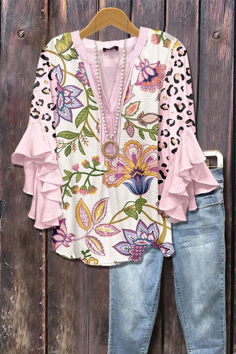 T-shirt à col en V et bordure lotus, imprimé floral créatif, impression numérique, tendance décontractée, m301358 
