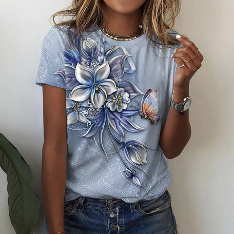 Damen T-Shirt rosa blau grün Blumendruck Kurzarm m300912 