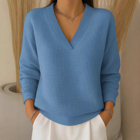 Women's Casual Loose Fashion Solid Color Waffle Long Sleeve Pullover M302343