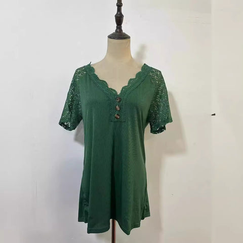 Pull confortable et décontracté à manches courtes et col en V avec coutures en dentelle M300159 