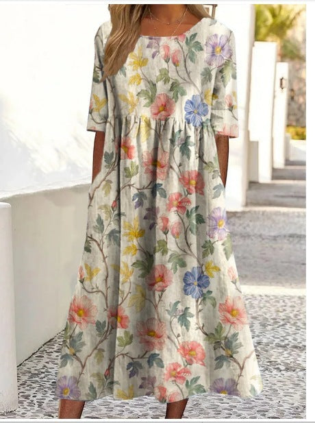 Loose fashion premium V-neck print dress m302742