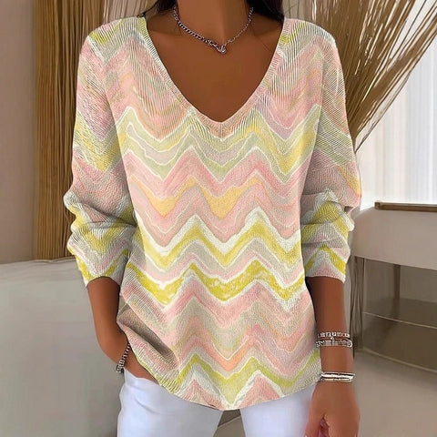 Shoulder V-Neck Long Sleeve Pullover 3D Digital Printing Women's Top T-Shirt m302616