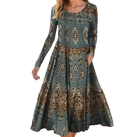 Robe ample à col ras du cou et manches longues, imprimé géométrique, style pendule, m300700 