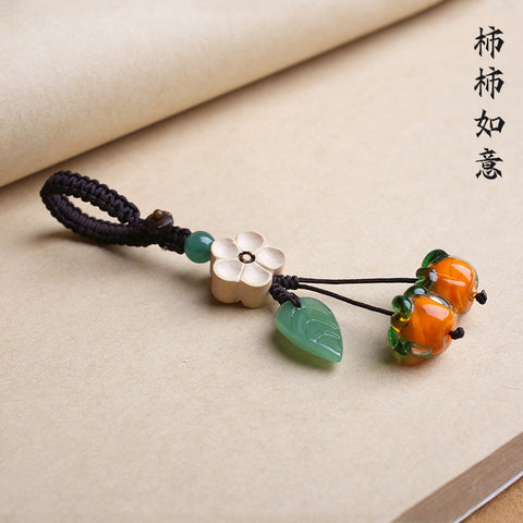 Porte-clés en forme de feuille de kaki émaillé rétro et magnifique, pendentif pour téléphone portable, Persimmon Ruyi m3331260 